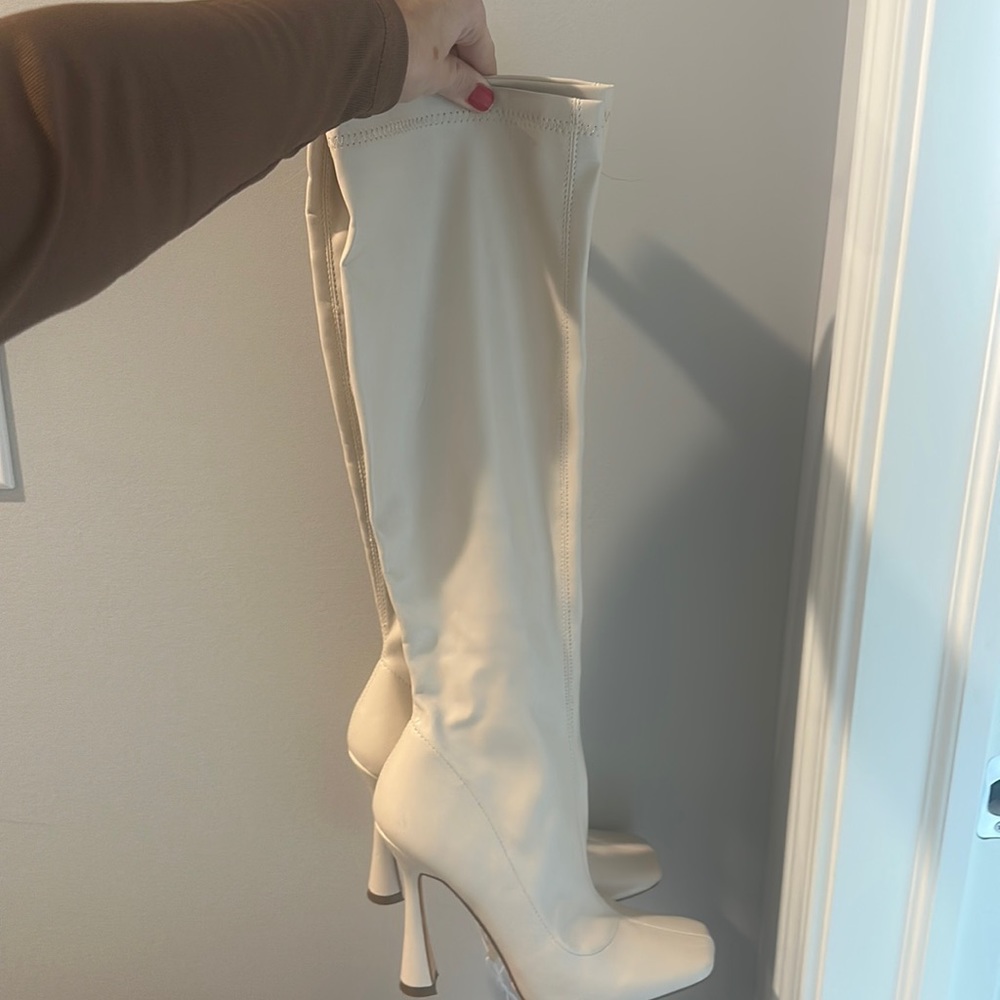 Just under the knee pleather cream boots